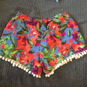 High waisted tropical floral shorts with Pom poms